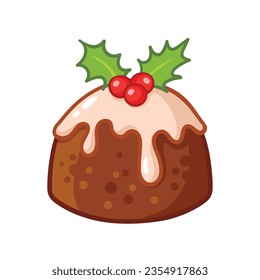 Cute traditional Christmas pudding with icing and holly. Vector illustration with cake isolated on white background in cartoon style.