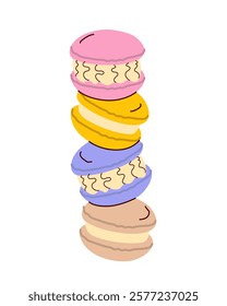 Cute traditional french almond macaroons cookies in different colors. Simple modern design. Fresh sweet foods. Bakery, cafe, sweets, candy or dessert theme. For card, flyer, poster, decor, advertising