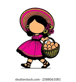 Cute traditional girl carrying a basket of eggs, faceless cartoon illustration, pink dress, vintage aesthetic, folk art, countryside theme, vibrant colors, handcrafted style, perfect for prints.
