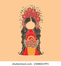 Cute traditional girl carrying a basket of red rose, faceless cartoon illustration, red dress, vintage aesthetic, folk art, countryside theme, vibrant colors, handcrafted style, perfect for prints.