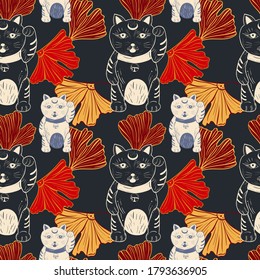 Cute traditional japanese pattern with maneki neko and ginko biloba leaves. 