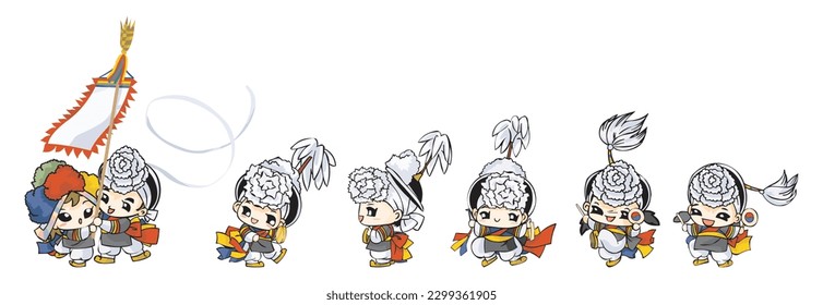 Cute traditional Korean farmers dance and play musical instruments in traditional Korean clothes, festival, cultural (Vector)