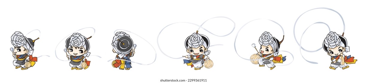 Cute traditional Korean farmers dance and play musical instruments in traditional Korean clothes, festival, cultural (Vector)