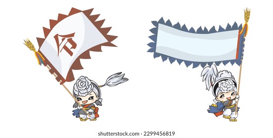 Cute traditional Korean farmers dance and play musical instruments, flag in traditional Korean clothes, festival, cultural (Vector)