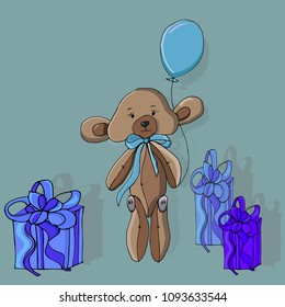 Cute traditional, retro style teddy bear character standing, smiling and greeting, cartoon vector.Vintage bear with baloon. 