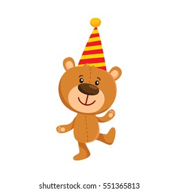 Cute traditional, retro style teddy bear character in birthday cap, cartoon vector illustration isolated on white background. Teddy bear character celebrating birthday