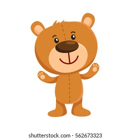 Cute traditional, retro style teddy bear character standing, smiling and greeting, cartoon vector illustration isolated on white background. Smiling teddy bear character greeting, ready to hug