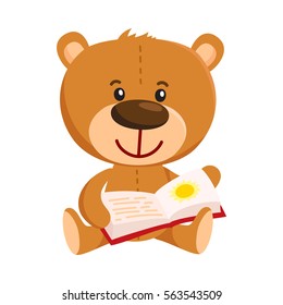 Cute traditional, retro style teddy bear character sitting and reading a book, cartoon vector illustration isolated on white background. Teddy bear character reading book