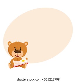 Cute traditional, retro style teddy bear character sitting and reading a book, cartoon vector illustration on background with place for text. Teddy bear character reading book