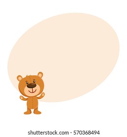 Cute traditional, retro style teddy bear character standing, smiling and greeting, cartoon vector illustration on background with place for text. Smiling teddy bear character greeting, ready to hug