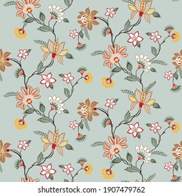 cute traditional seamless flowers leaves pattern on green background