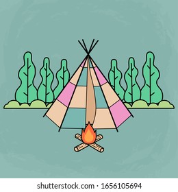 Cute traditional tent for camping with camp fire and using flat design