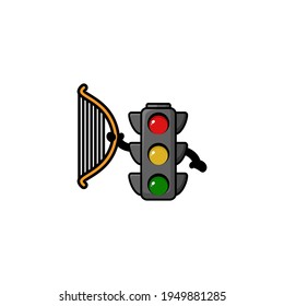 Cute Traffic Light Hold Symphony  Cartoon Character Vector Illustration Design. Outline, Cute, Funny Style. Recomended For Children Book, Cover Book, And Other.