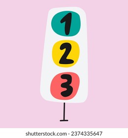 Cute traffic light with numbers 1-3. One, two, three.