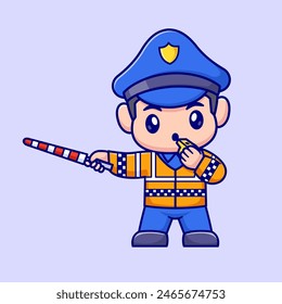 Cute Traffic Police With Whistle Cartoon Vector Icon Illustration. People Profession Icon Concept Isolated Premium Vector. Flat Cartoon Style