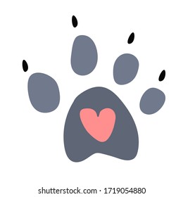 A cute trail of a wild animal or wolf with a heart in the center. Isolated object on a white background. Vector illustration with paw print of an animal with claws in cartoon flat style, scandinavian