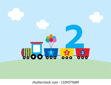 cute train 2nd birthday greeting card vector. cute train happy birthday card.