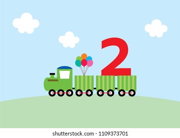 cute train 2nd birthday greeting card vector. cute train happy birthday card.