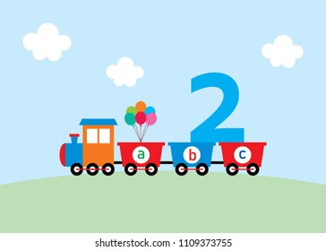 cute train 2nd birthday greeting card vector. cute train happy birthday card.