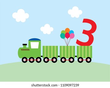 cute train 3 years old birthday party card vector. cute train 3rd birthday invitation card.