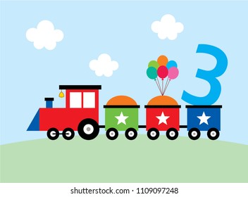 cute train 3 years old birthday party card vector. cute train 3rd birthday invitation card.
