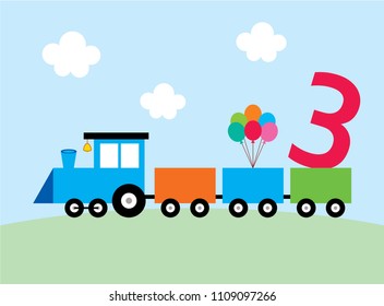 cute train 3 years old birthday party card vector. cute train 3rd birthday invitation card.
