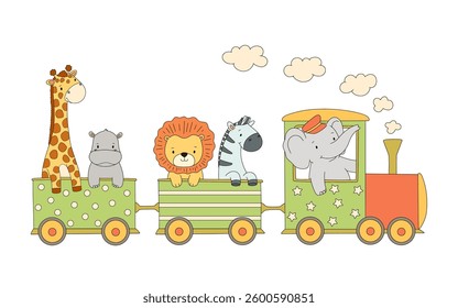 Cute train with african animals on white background. Zebra, elephant and lion, cartoon vector illustration for kids