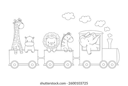 Cute train with african animals. Outline zebra, elephant and giraffe, cartoon illustration for childish coloring book