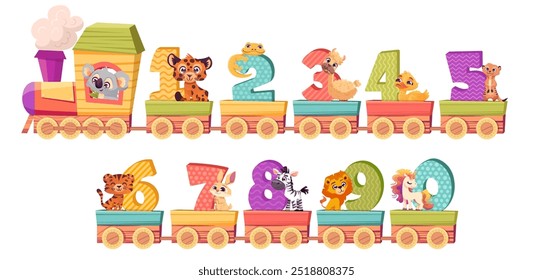 Cute train with animals and numbers. Cartoon funny and happy animals ride toy railway locomotive with number signs. Children educational cards. Vector illustration isolated on white background