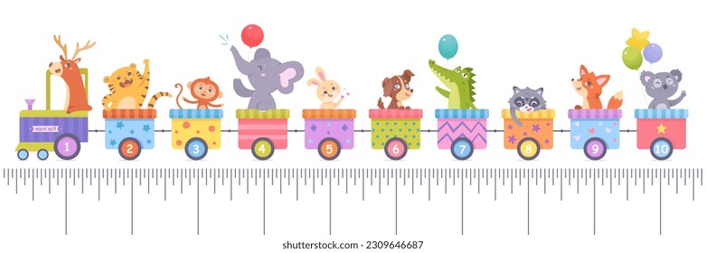 Cute train with animals and school inch ruler vector illustration. Cartoon isolated little funny happy animals passengers ride toy locomotive and colorful carriages, travel and measure length and size