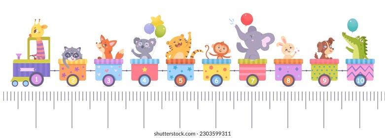 Cute train with animals and school ruler vector illustration. Cartoon isolated little funny happy animals passengers ride toy locomotive and colorful carriages, travel and measure length and size.