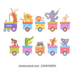 Tren lindo con ilustración vectorial de animales. Caricatura aislada divertidos y felices animales montan locomotora de ferrocarril de juguete y carruajes arco iris con patrones, signos de número, pequeños personajes aprendiendo contando