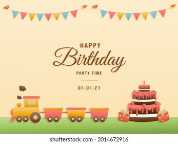 Cute train birthday greeting card. jungle animals celebrate children's birthday and template invitation paper and papercraft style vector illustration.Theme happy birthday.