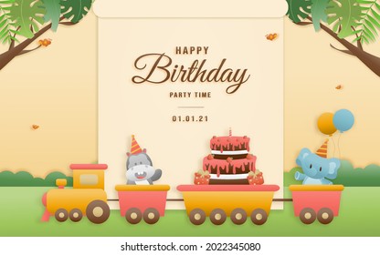 Cute train birthday greeting card. jungle animals celebrate children's birthdays and template invitation paper and papercraft style vector illustration. Theme happy birthday.