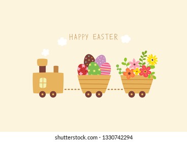 Cute train carrying Easter eggs and flowers