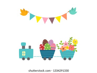 Cute train carrying Easter eggs and flowers