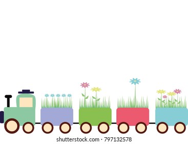 Cute train carrying grass and flowers