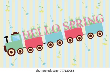Cute train carrying hello spring sign