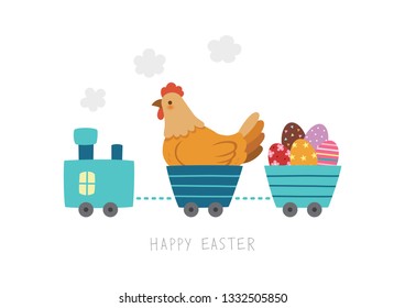Cute train carrying hen and Easter eggs