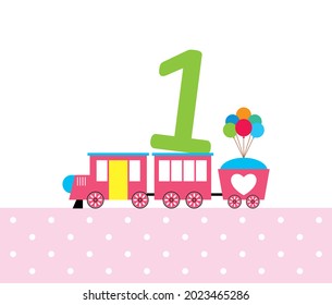 cute train cartoon 1st birthday greeeting card vector illustration