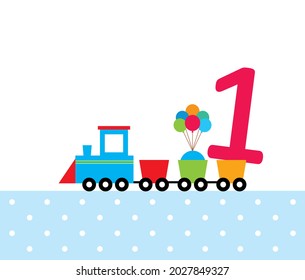 cute train cartoon 1st birthday greeeting card vector illustration