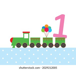 cute train cartoon 1st birthday greeeting card vector illustration