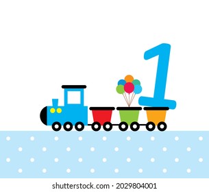 cute train cartoon 1st birthday greeeting card vector illustration