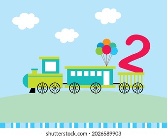 cute train cartoon 2 years old happy birthday greeting card vector