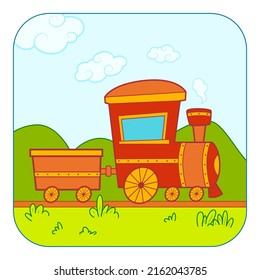 Cute Train Cartoon. Train Clipart Vector Illustration. Nature Background