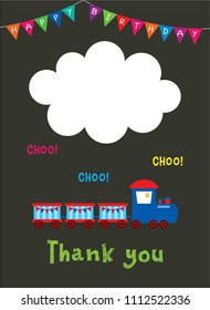 cute train cartoon happy birthday thank you card vector. birthday thank you card with train graphic illustration.