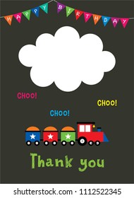cute train cartoon happy birthday thank you card vector. birthday thank you card with train graphic illustration.