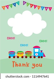 cute train cartoon happy birthday thank you card vector. birthday thank you card with train graphic illustration.