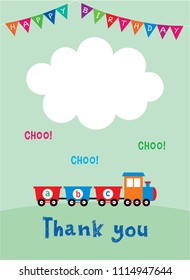 cute train cartoon happy birthday thank you card vector. birthday thank you card with train graphic illustration.