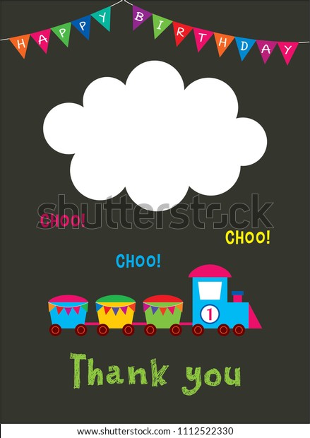 cute train\
cartoon happy birthday thank you card vector. birthday thank you\
card with train graphic\
illustration.